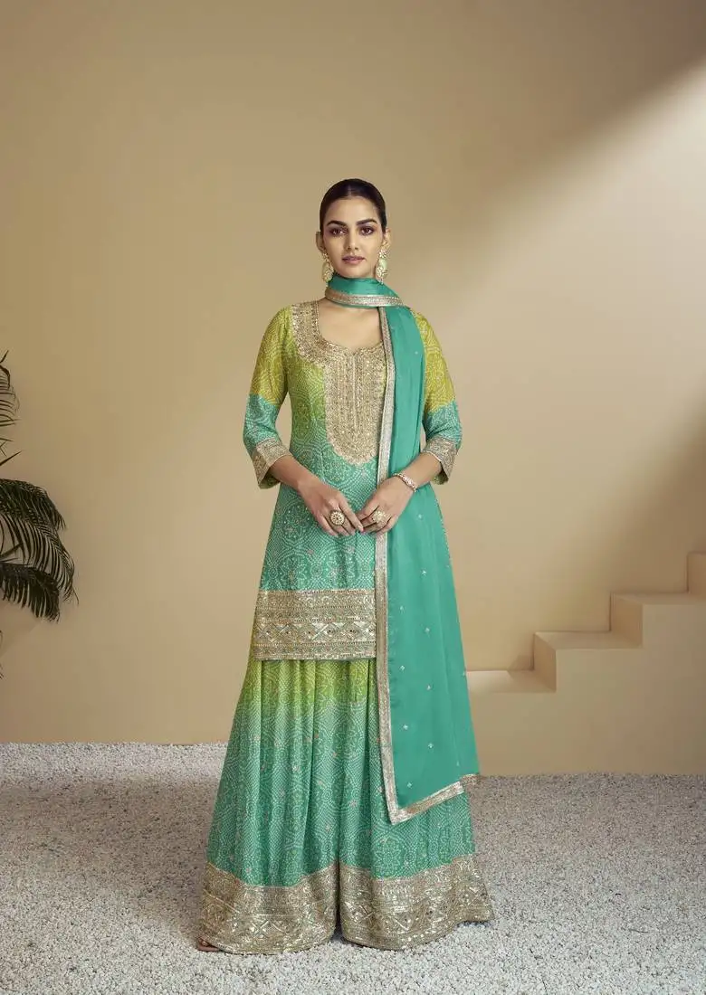 Sea green color chinon fabric bandhej designer palazzo dress with beautiful embroidery work semi stitched