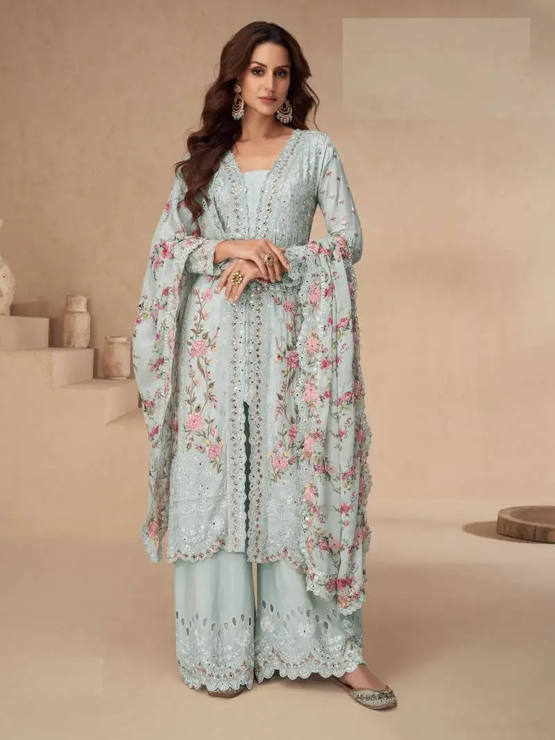 Sky blue color beautiful designer partywear chinon fabric heavy embroidered palazzo dress semi stitched