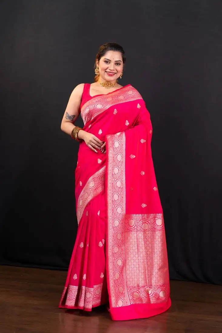 Pink pure banarasi katan silk saree with silver zari booti and border pallu