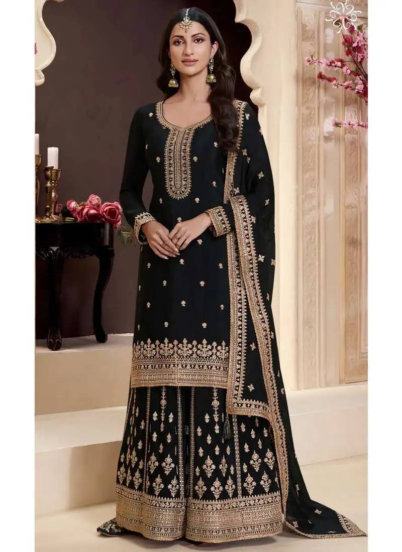 Black color chinon fabric beautiful heavy wedding wear zari work sharara dress semi stitched