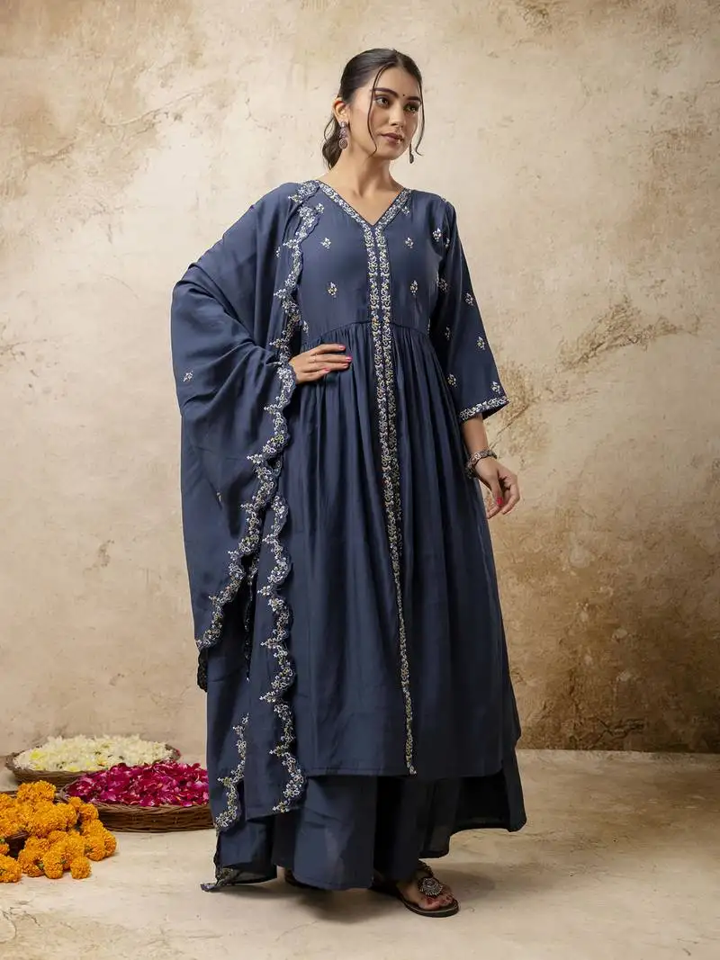 Women's silk blend embroidered flared kurta with palazzo & dupatta set stitched