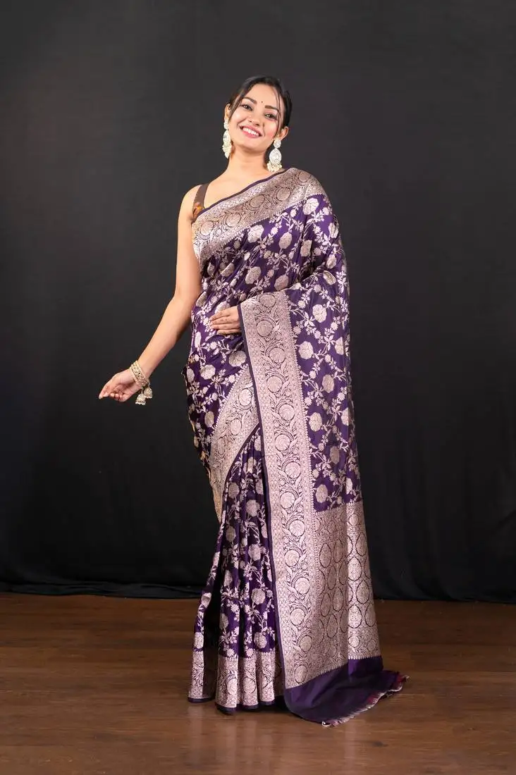 Purple pure banarasi katan silk saree with silver zari jaal motifs and border