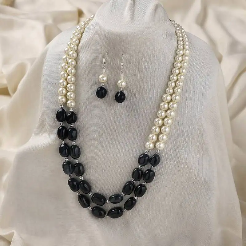 Black sotnes & white pearls layered necklace with matching earrings