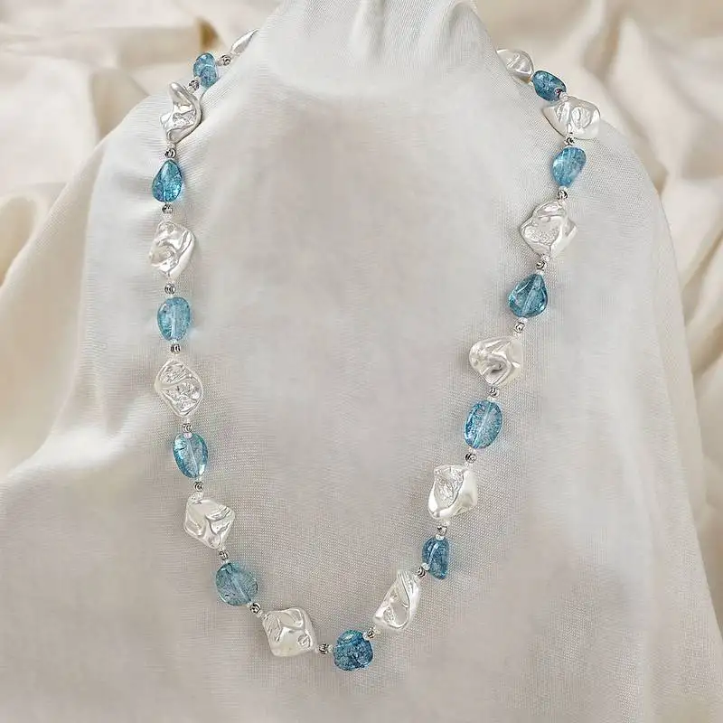 High quality white pearls blue semi precious stone necklace