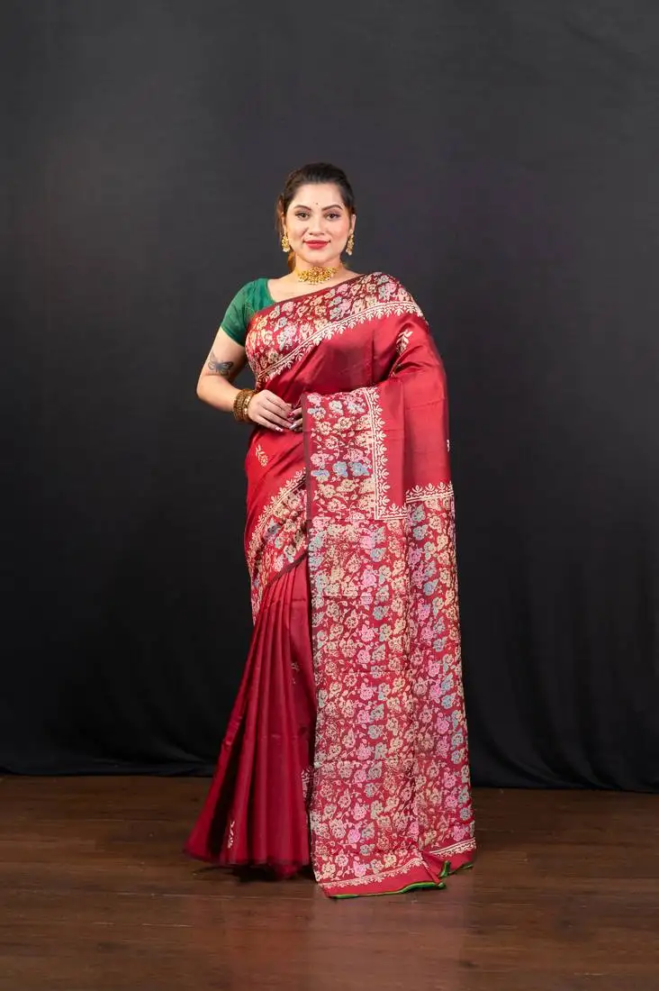 Maroon handpainted pure bishnupur katan silk saree