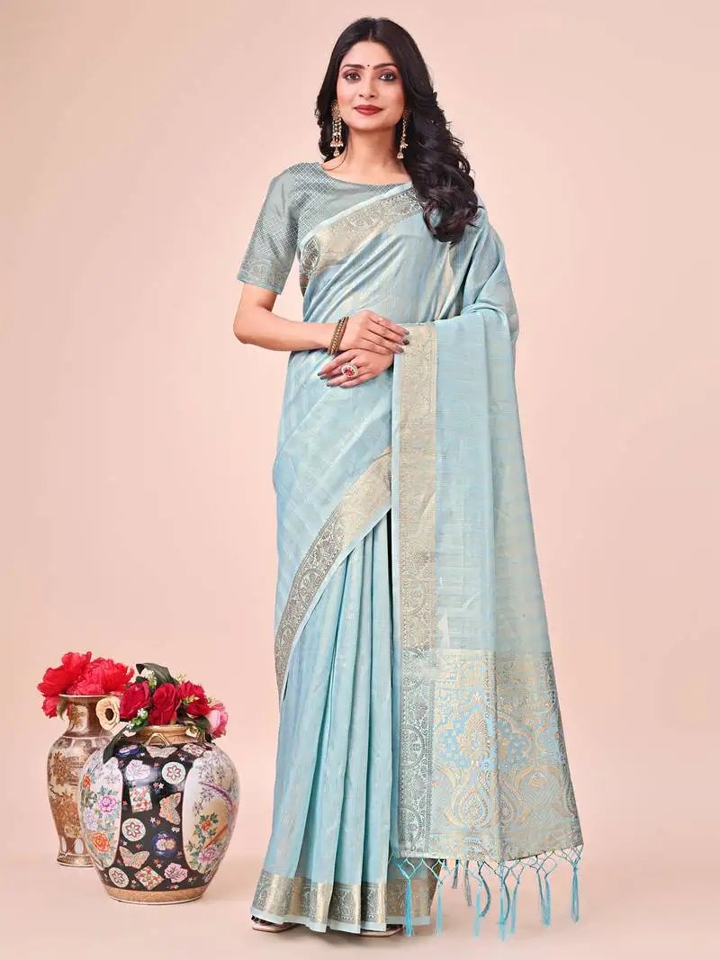 Sky blue woven designer organza saree