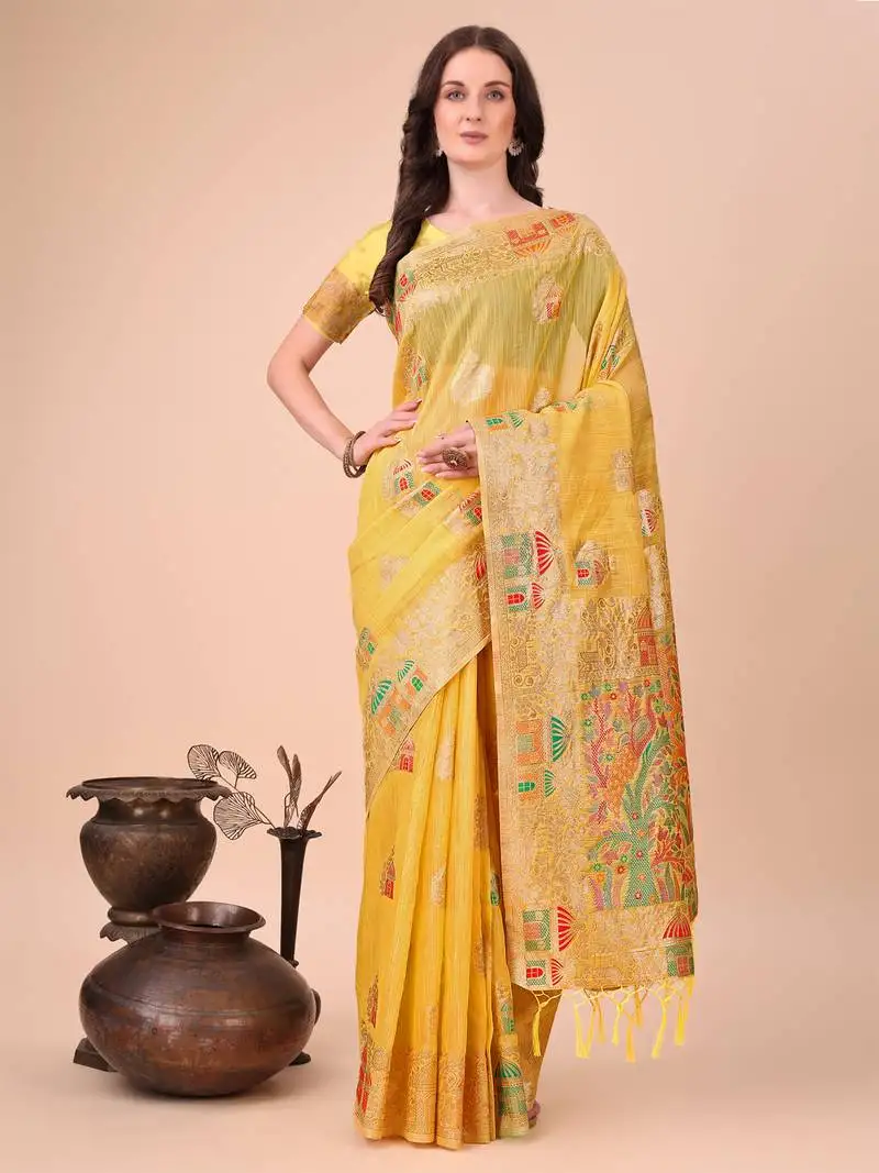 Yellow linen cotton woven jacquard designer saree