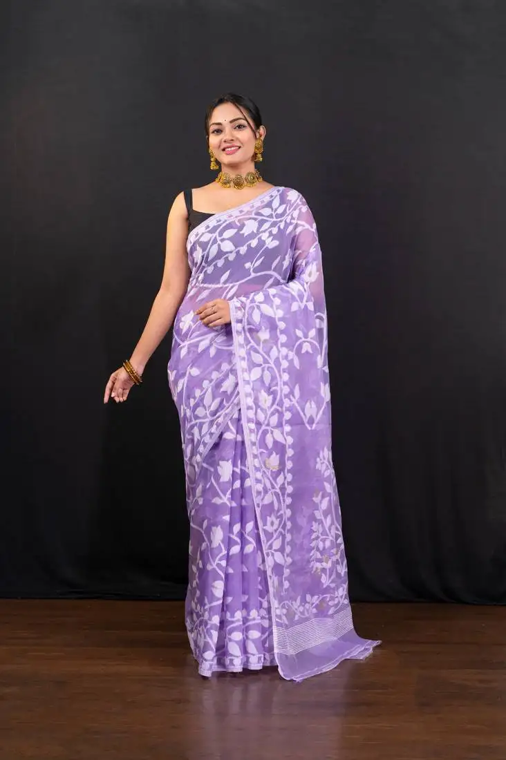 Purple cotton jamdani saree with offwhite leaf jaal motifs