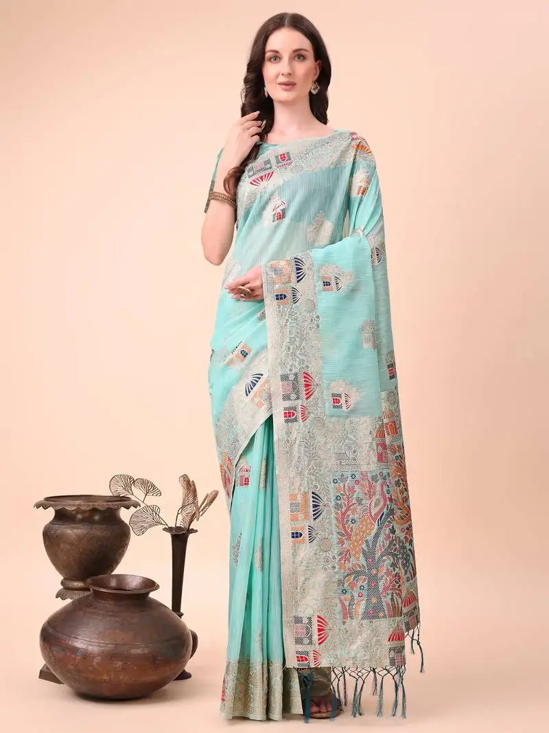 Sky blue linen cotton woven jacquard designer saree