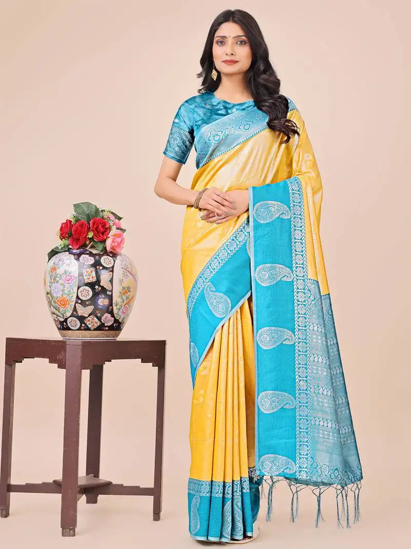 Yellow lichi silk blend woven designer saree