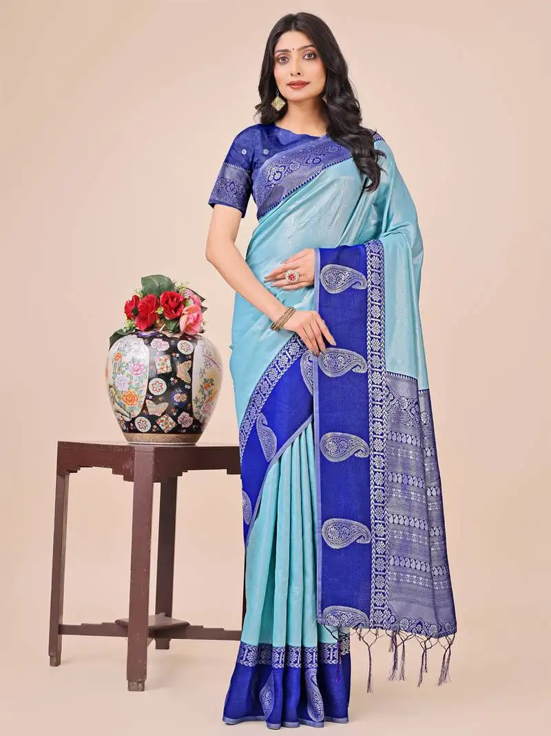 Teal lichi silk blend woven designer saree
