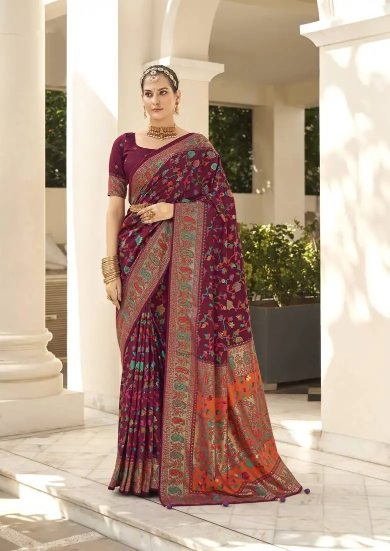 Wine berry velvet tussar silk blend woven floral printed saree