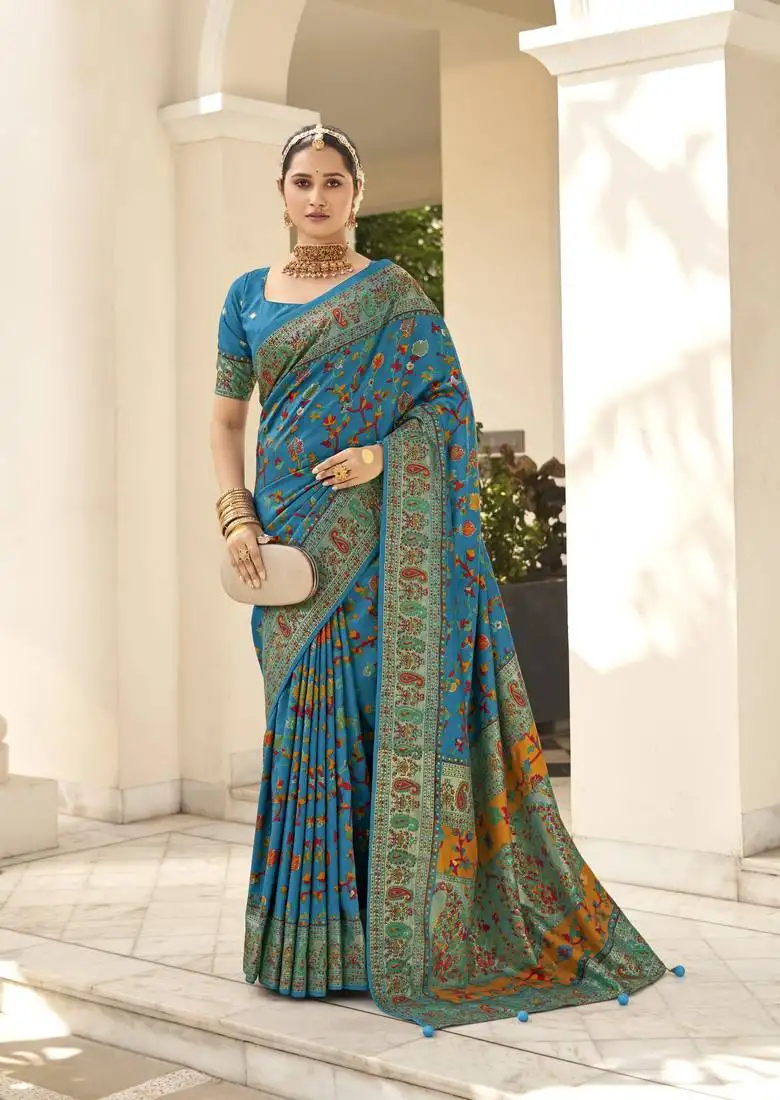 Teal blue velvet tussar silk blend woven floral printed saree