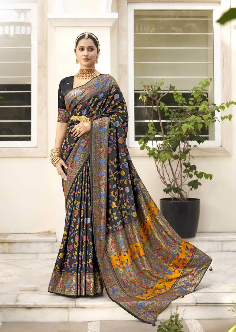 Black velvet tussar silk blend woven floral printed saree
