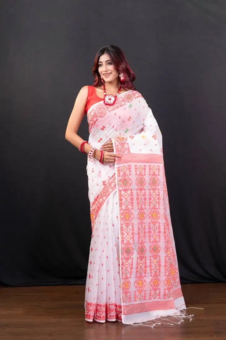 Offwhite cotton jamdani saree with red woven motifs