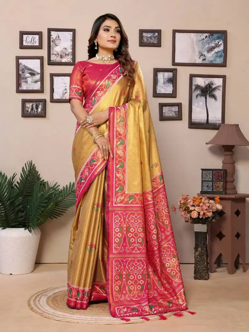 Yellow banarasi tissue silk woven patola saree