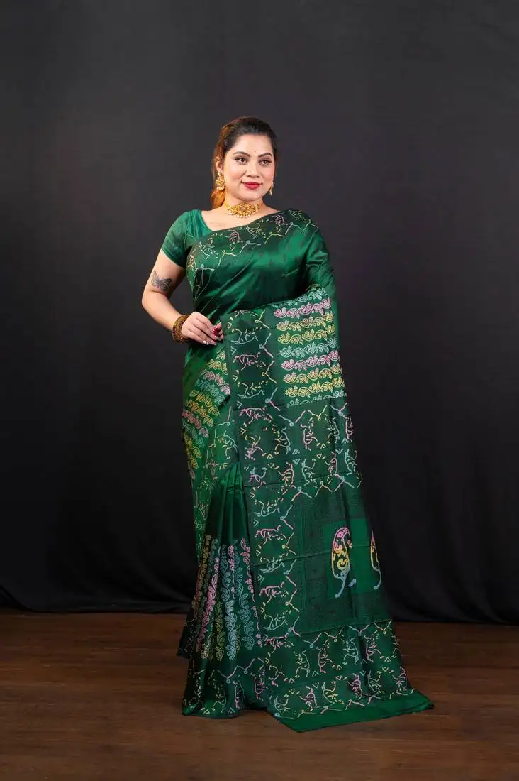 Green handpainted pure bishnupur katan silk saree