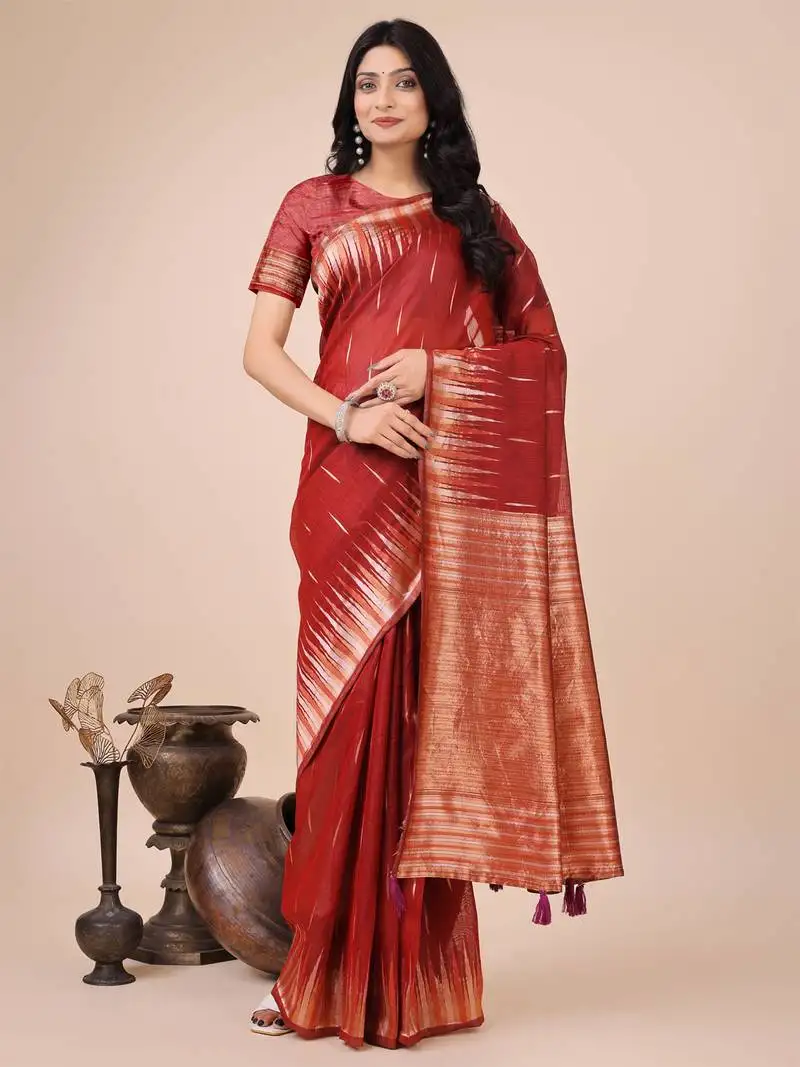 Red linen cotton woven jacquard designer saree
