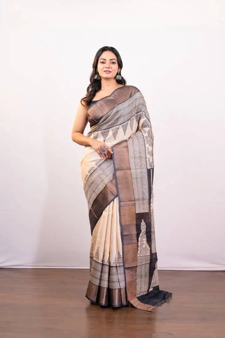 Offwhite and black handpainted pure tussar silk saree