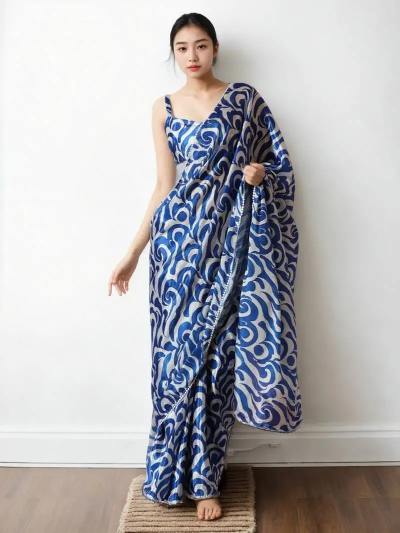 Blue chinnon partywear printed ready to wear saree