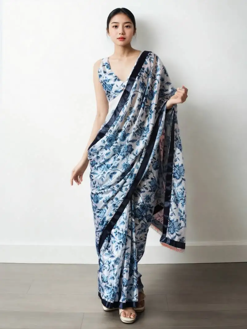 White chinnon partywear printed ready to wear saree