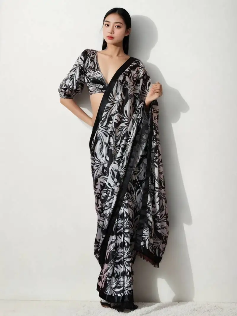 Black chinnon digital print & lace border ready to wear saree