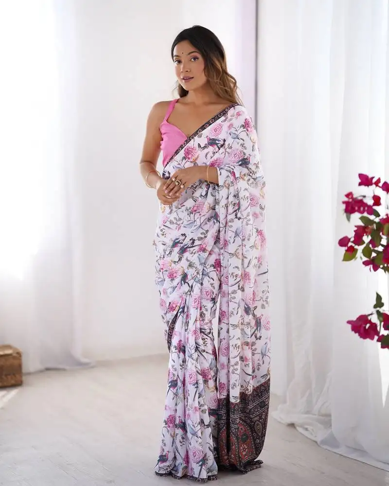 White chinon designer printed partywear saree