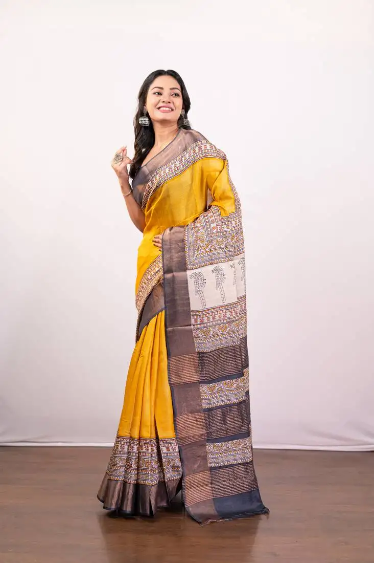 Yellow handpainted pure tussar silk saree