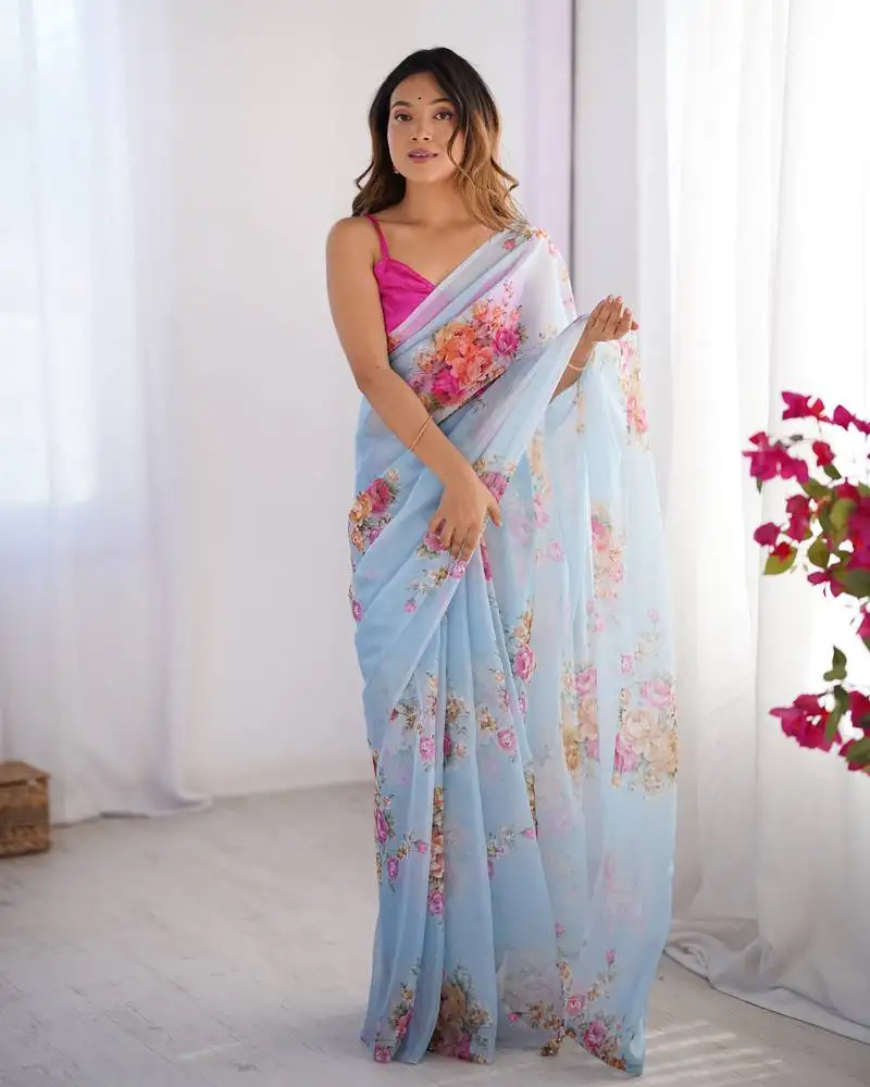 Sky blue organza designer printed partywear saree