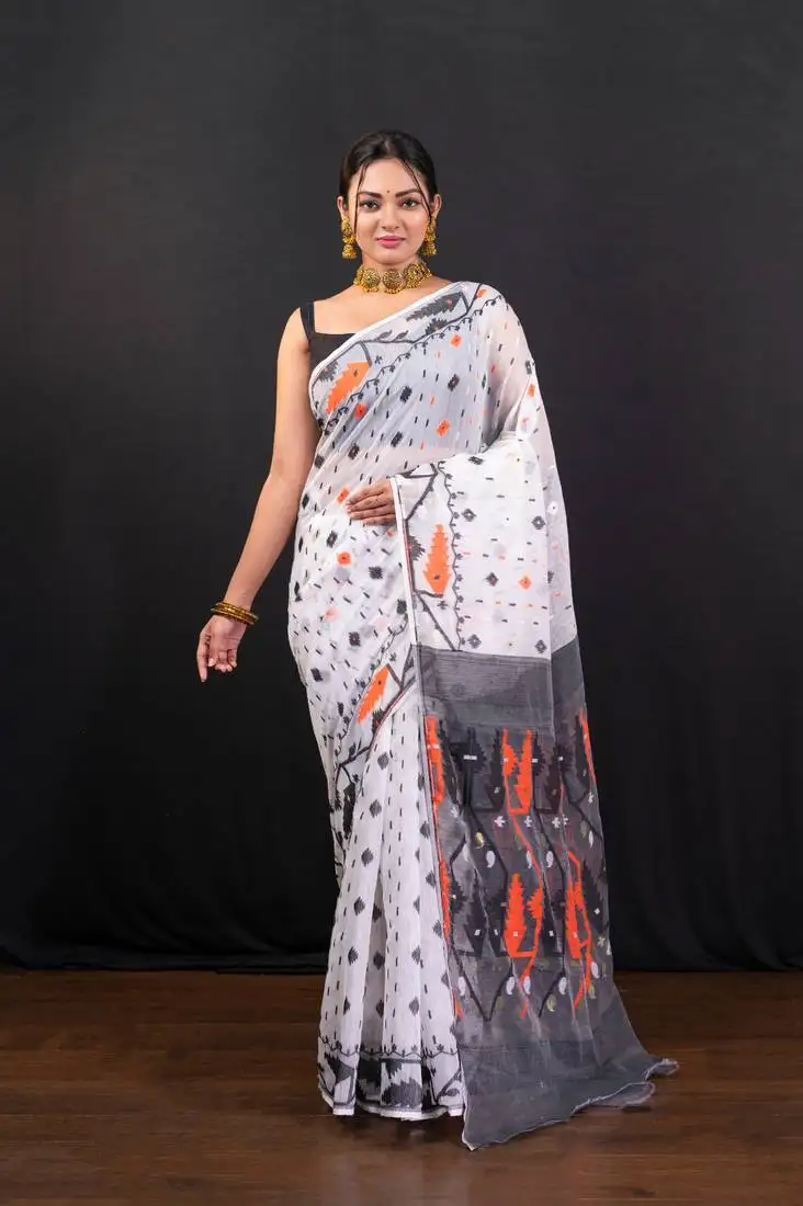 Offwhite cotton jamdani saree with black and rust woven booti