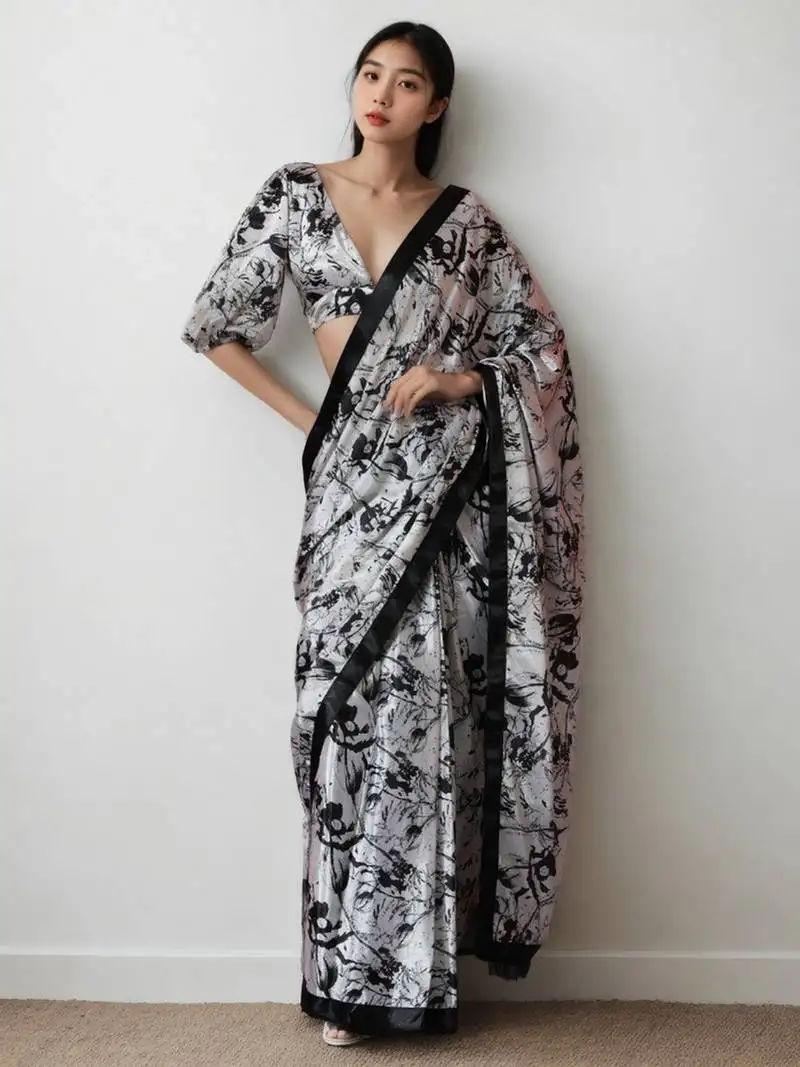 White chinon digital printed ready to wear saree