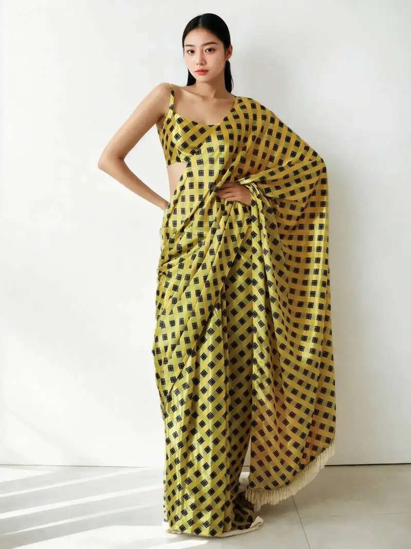 Yellow chinon digital printed ready to wear saree