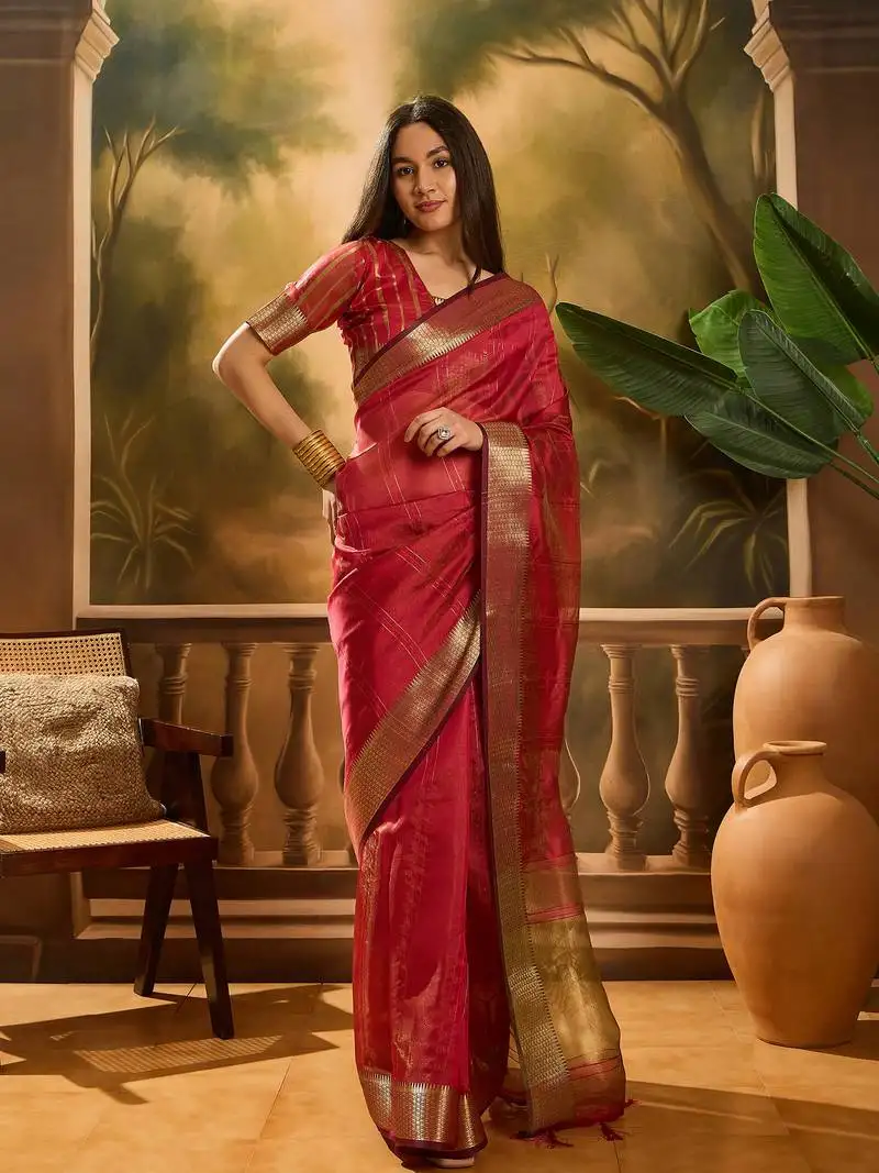 Red khadi organza woven jacquard partywear saree