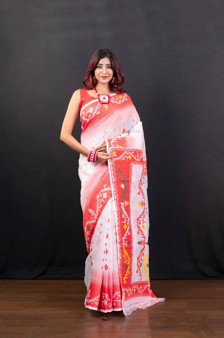 Offwhite and red cotton jamdani saree with multi woven motifs