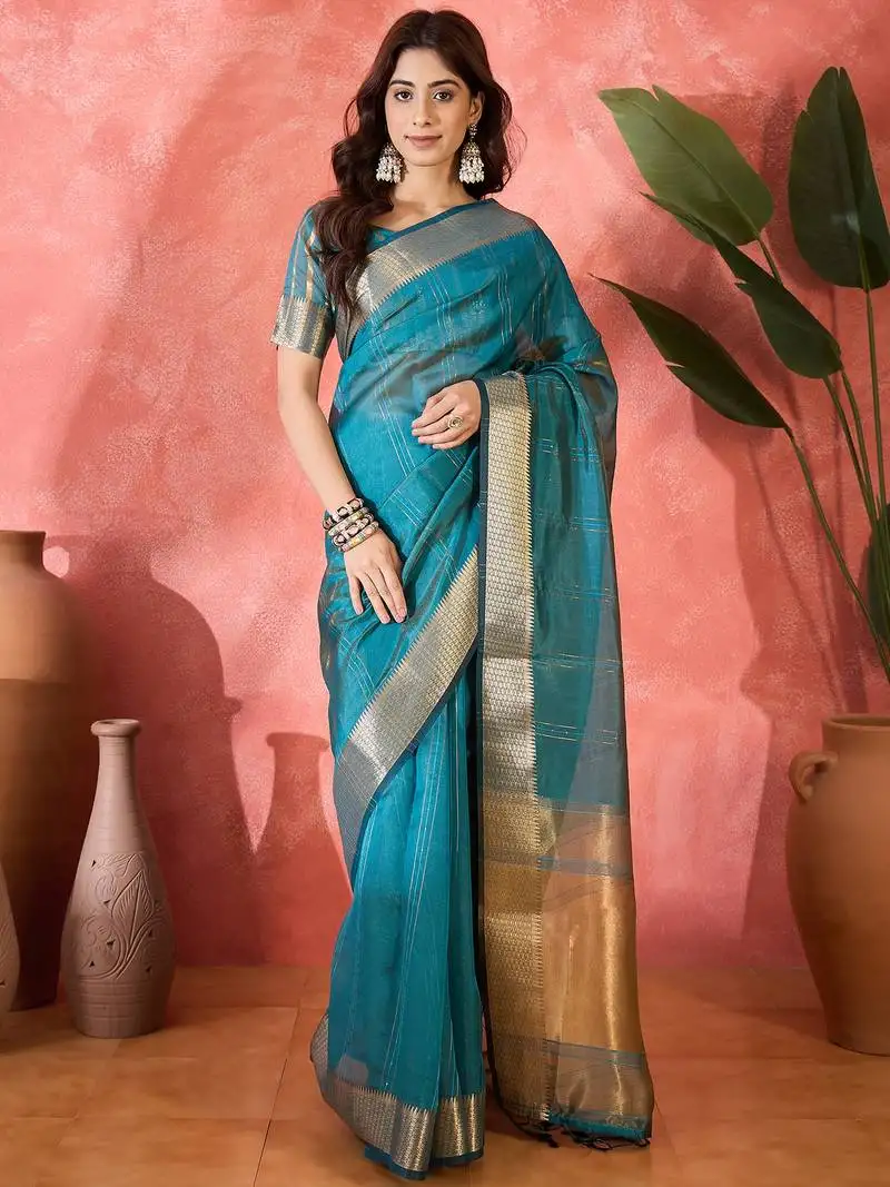 Teal khadi organza woven jacquard partywear saree