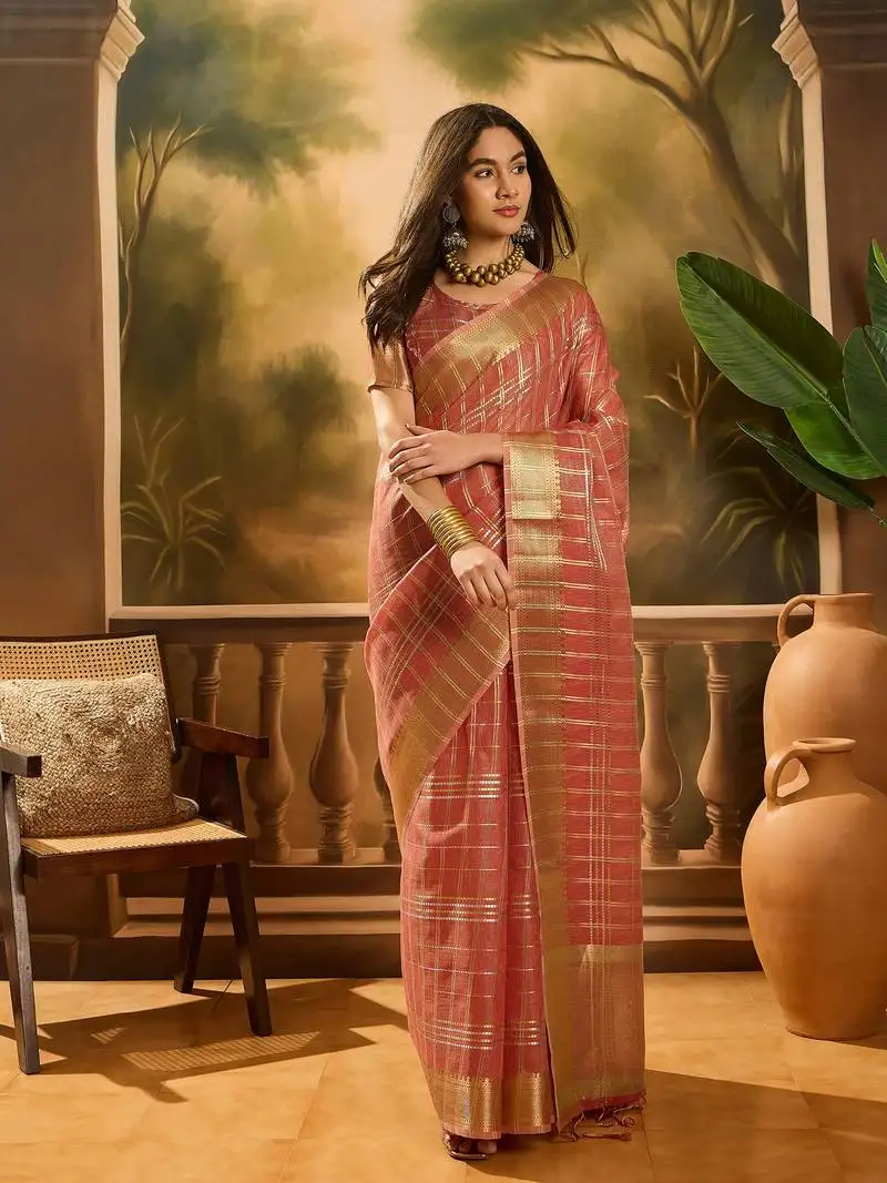 Rust khadi organza woven jacquard traditional festive wear saree