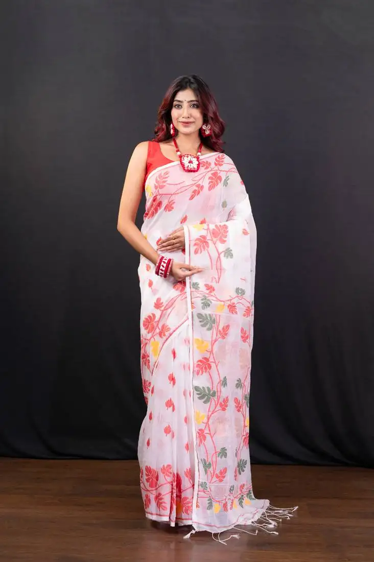 Offwhite cotton jamdani saree with red and multi leaf motifs