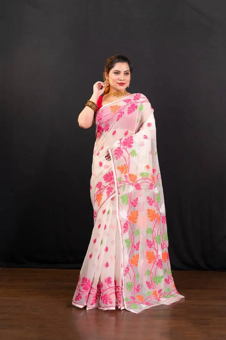 Offwhite cotton jamdani saree with pink and multi leaf motifs