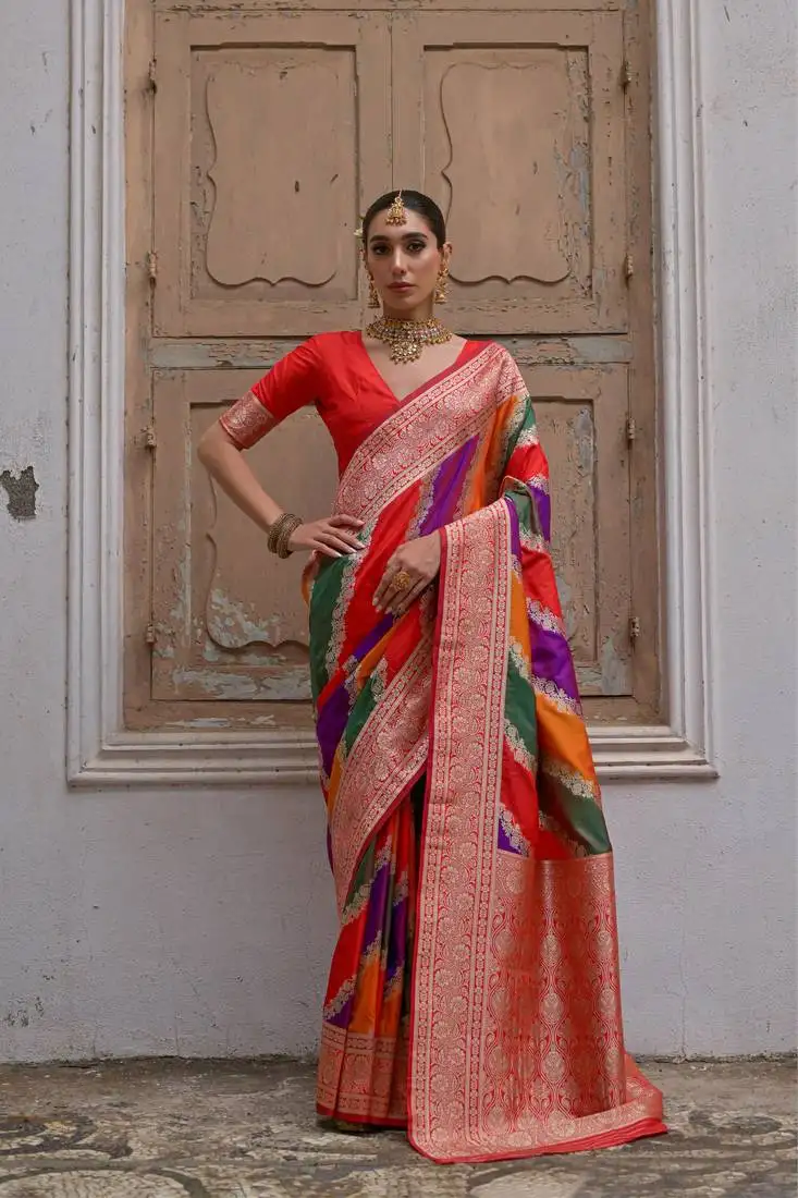 Red handloom woven banarasi silk blend saree