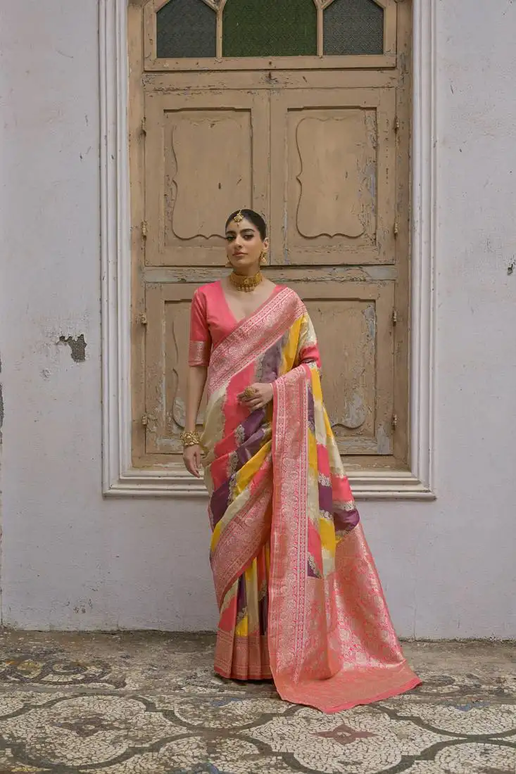 Yellow handloom woven banarasi silk blend saree