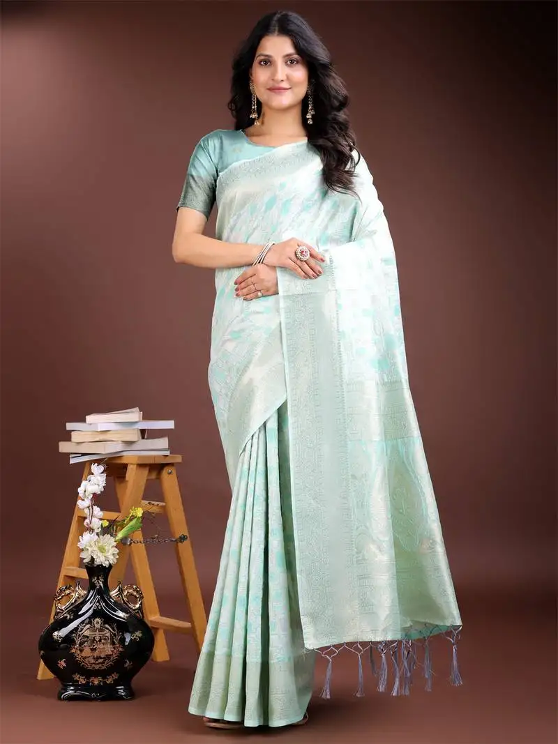 Sea green linen cotton woven jacquard designer saree