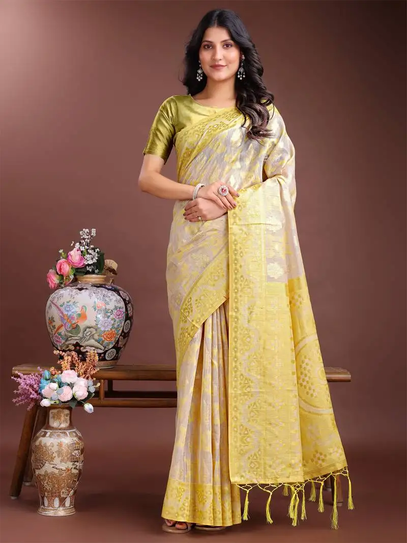 Yellow linen cotton woven jacquard designer traditional saree