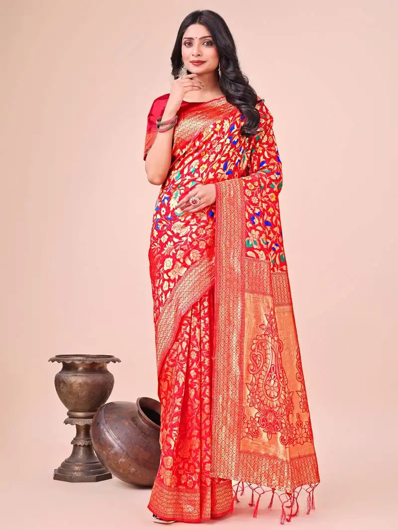 Red lichi silk blend woven designer partywear saree