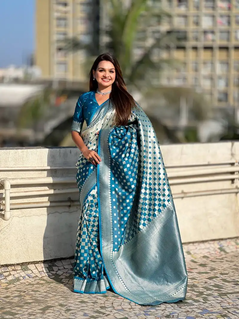 Teal blue woven silver jari designer banarasi silk blend saree