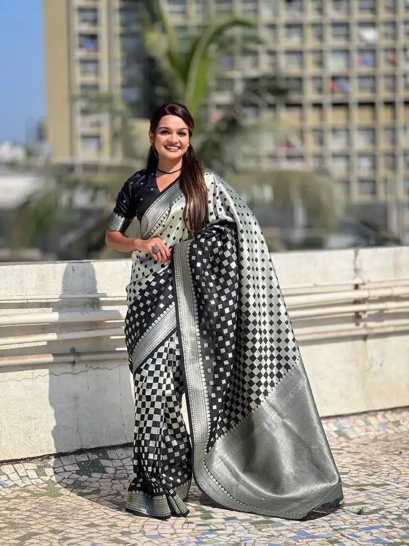 Black woven silver jari designer banarasi silk blend saree