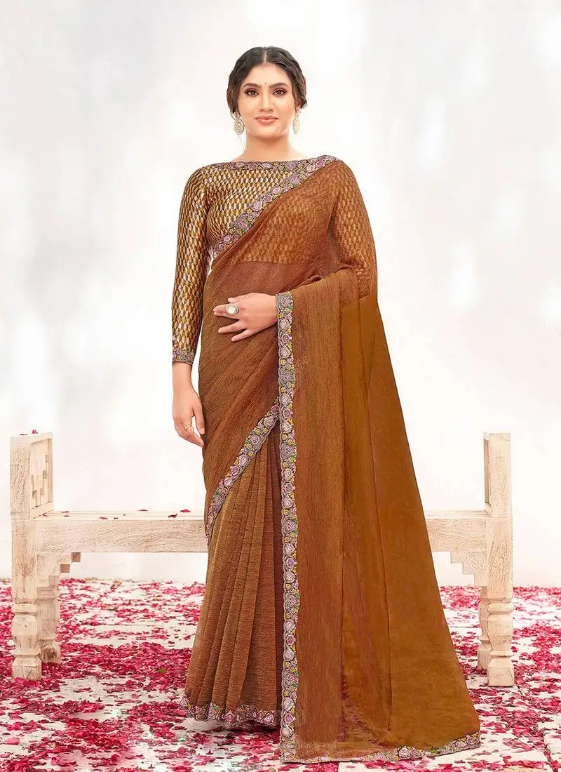 Rust crepe shimmer silk blend heavy embroidered wedding saree