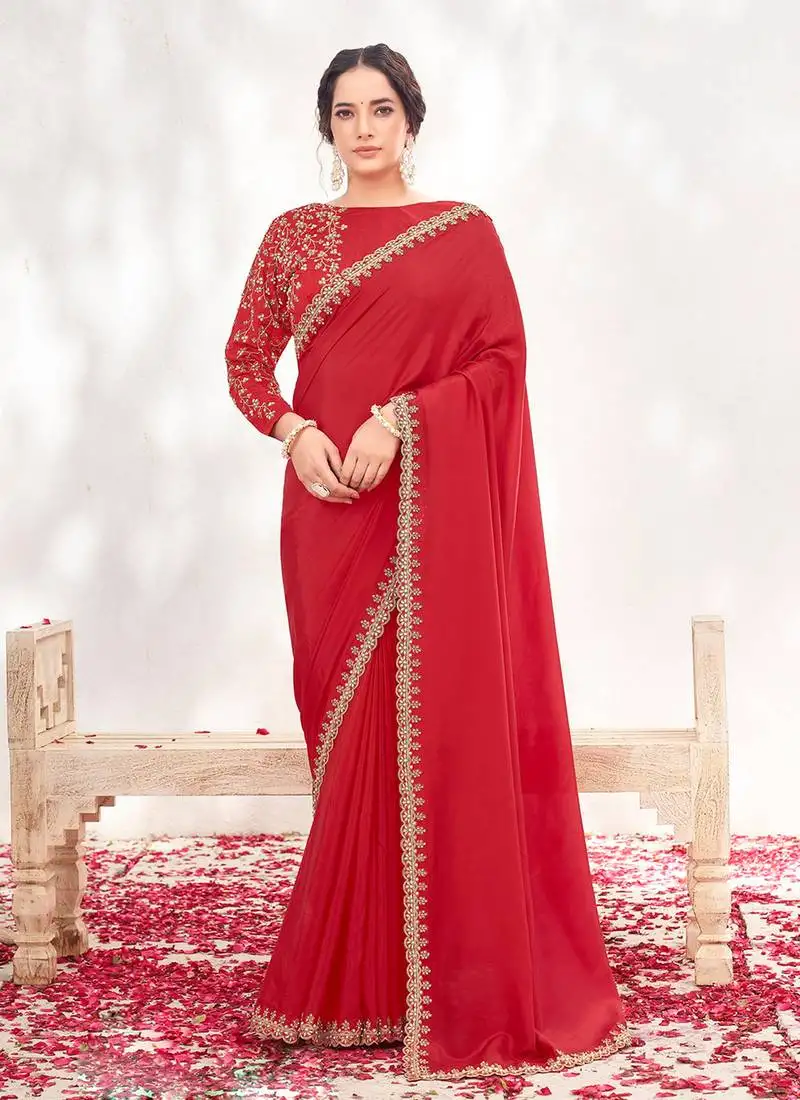 Red crepe satin silk blend heavy embroidered wedding wear saree