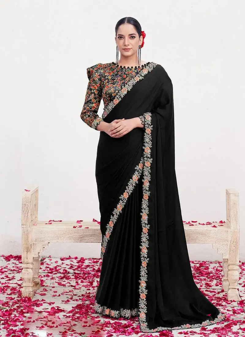 Black crepe satin silk blend heavy embroidered wedding wear saree