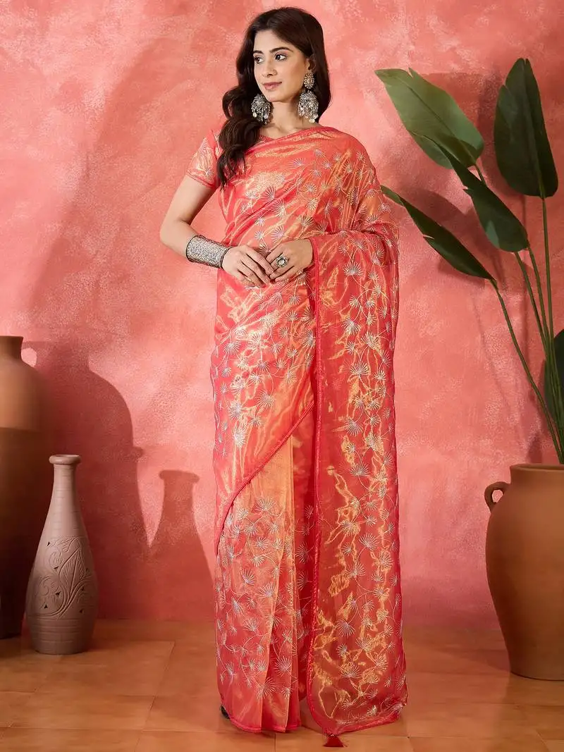 Red designer twill net sequin embroidered saree