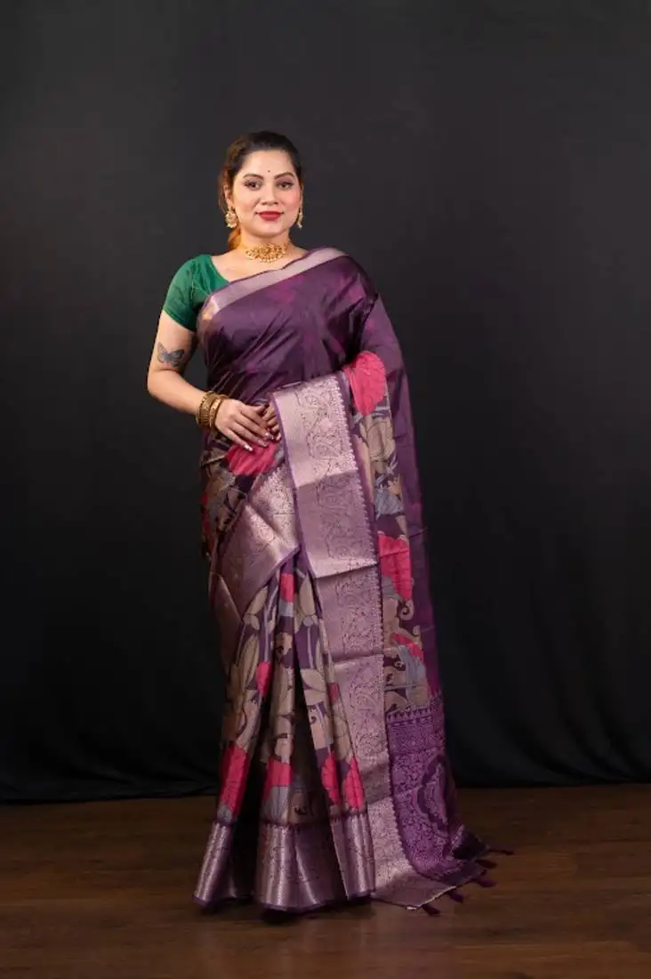 Wine floral printed soft gaji art silk saree with weaving jequarad border